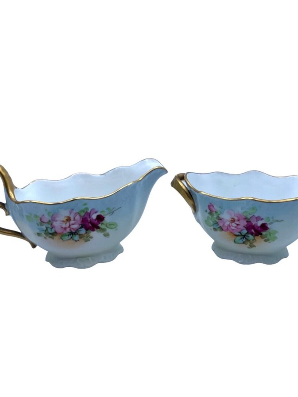 Vintage Glowienka Porcelain Creamer & Sugar Set Floral Gold Handles Hand Painted